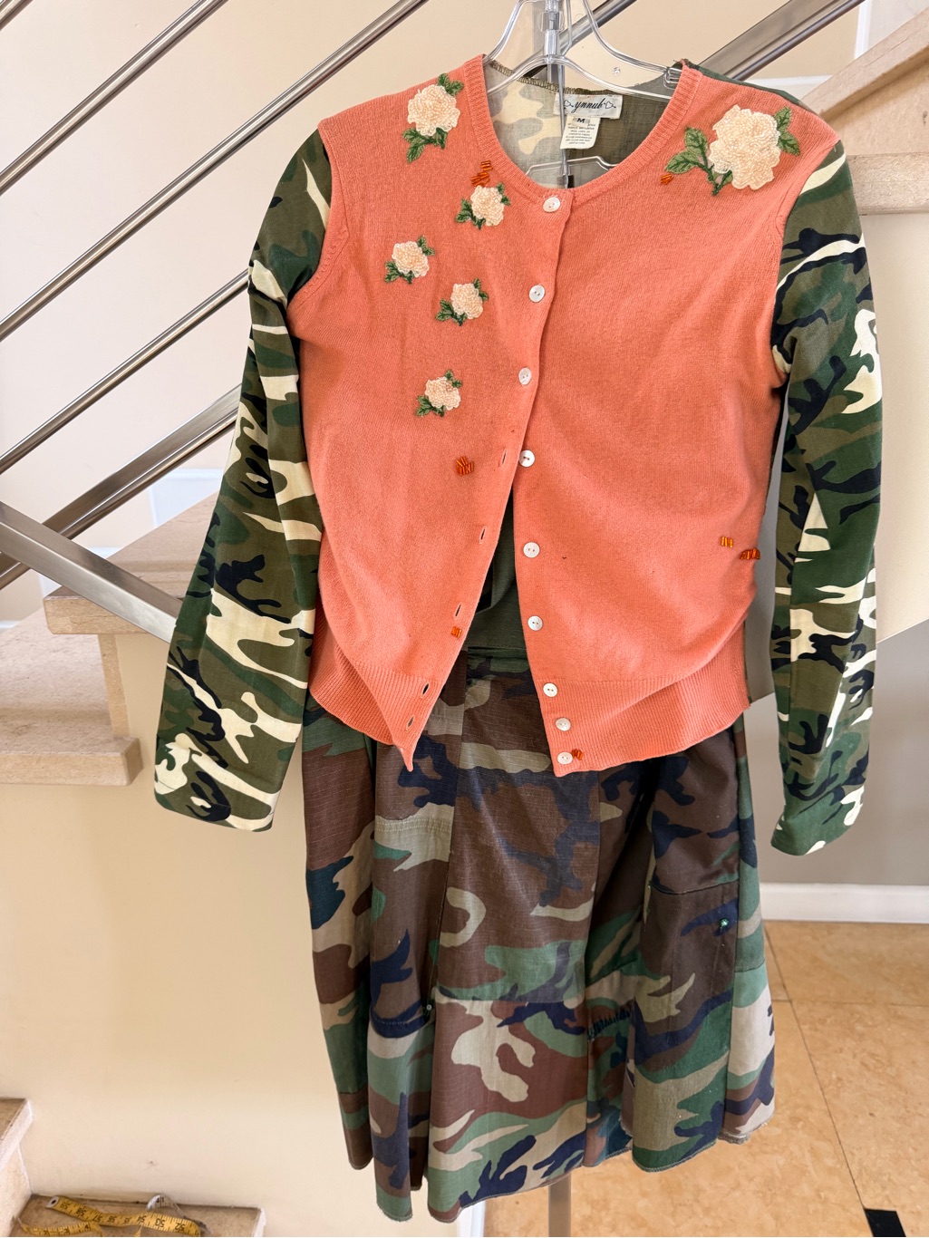 Vintage Split Camo Long Sleeve Top With Coral Hem